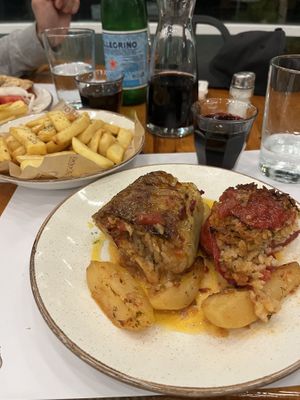 Stuffed vegetables and fries  at To Steki sti Gonia in Himare