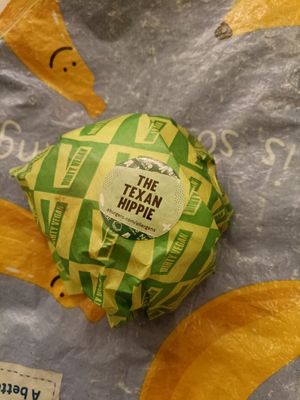 Texan hippie in wrapper at Dirty Vegan Burgers by Taster  in East London