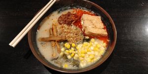 Vegan red spicy garlic ramen w/ vegan tonkotsu broth at Tenkomori Ramen House Wynyard in Sydney