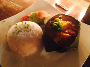 vegan Khmer curry in banana leaf at Rikitikitavi in Kampot