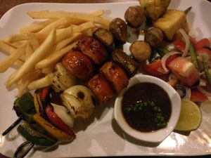 Kebabs with mushroom, pineapple onion and red capsicum. at Rikitikitavi in Kampot