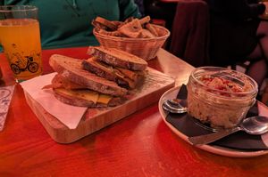 Vegan croque-monsieur and mushroom-lentil spread at Brasserie Roue Libre - Brewpub in Strasbourg