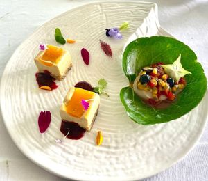 raw veg cheesecake with passionfruit and custard apple pure with citrus fruit tartare at The Seasons Restaurant in Takua Thung