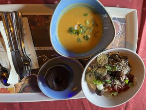 Sweet potato soup with vegan yogurt, hummus and roasted veggie bowl with vegan meatballs and vegan chocolate doughnut   at Europa Park - SPICES - Cuisines du Monde in Rust