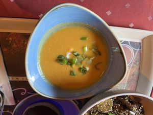 Sweet potato and coconut soup with vegan yogurt and leeks   at Europa Park - SPICES - Cuisines du Monde in Rust