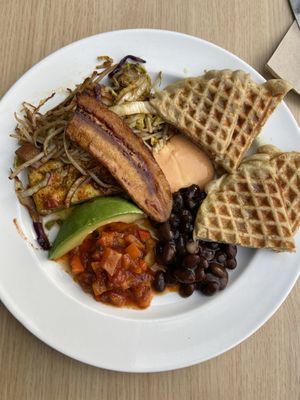 Buckwheat waffles and tofu platter   at Fed By Plants in South East London