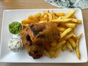 Tofish, chips, peas and tartar sauce   at Fed By Plants in South East London