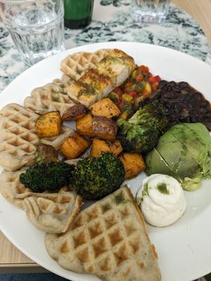 Really good filling food. I got the waffle with tofu and roasted veggies. Such friendly and personal staff. So glad we discovered this place! at Fed By Plants in South East London