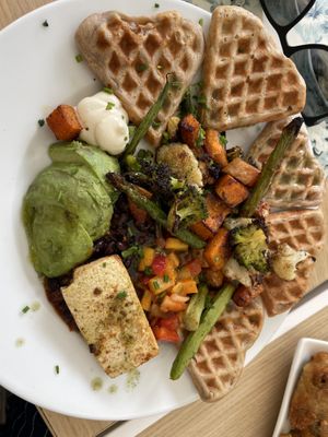 Buckwheat waffles with grilled tofu and roast veg  at Fed By Plants in South East London