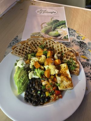 Buckwheat pancakes, tofu, beans, veg, avo and vegan mayo (£16.50)  at Fed By Plants in South East London