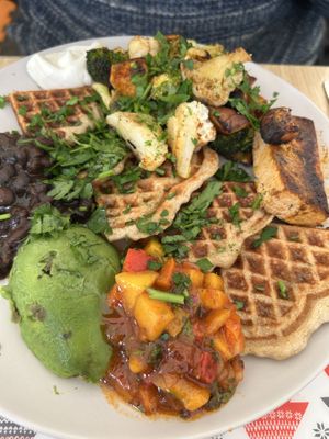 Buckwheat waffle with grilled tofu and roast veg  at Fed By Plants in South East London