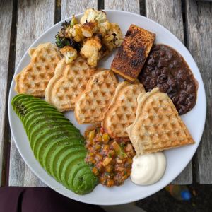 Buckwheat waffles with roasted tofu - delicious! at Fed By Plants in South East London
