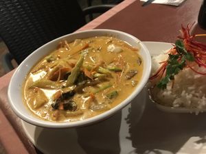 Vegan, gluten-free Thai red curry with tofu and fresh veggies. We make our own curries so no fish sauce, no meat stock. Also available, Massaman, yellow and spicy green curry. at Asia Caribe in Isla Mujeres