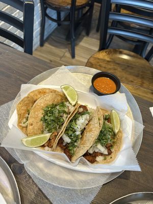 Vegan carne asada and vegan pastor tacos  at Tlacoyo Mexican Grill in Deerfield