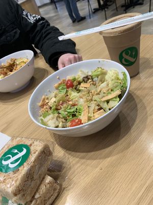 korean bowl, build ur own bowl with romaine, quinoa, avo, & tofu, and rise & grind shake, AND a vegan rice krispie treat omnomnomnomnom   at Crisp & Green in Bentonville