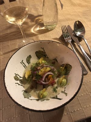 Entrée: ceviche de « oyster mushroom"  at Wasihome in Huanchaco