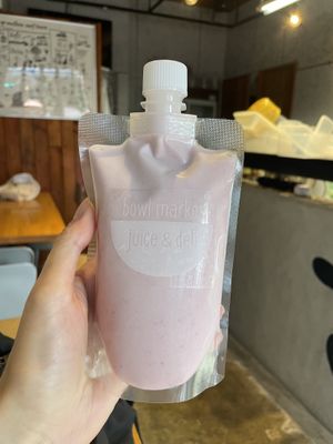 Strawberry nut milk freshly made  at Bowl Market Juice & Deli in Chigasaki