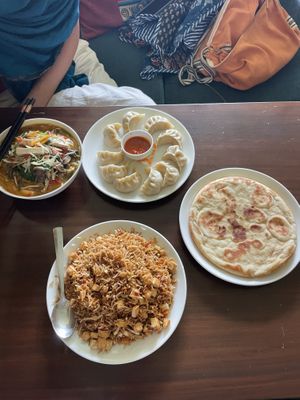 Special thukpas, tofu fried rice, veg momos and Tibetan bread   at Shangrila in Dharamshala