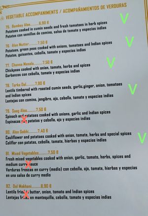 Menu. V marks indicate vegan dish! at Namaste Pais Indian Restaurant in Valencia