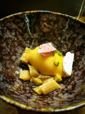 Vegan dessert 1 : rhubarbe and mango at Nuances - Restaurant in Nice