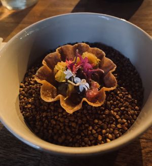 Roasted butternut squash with a lemon tomato caviar in a fried gyoza shell (all vegan)  at Nuances - Restaurant in Nice