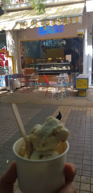 Ice cream with sneaky pigeon at Sugar Killer - Georgiou Olympiou in Athens