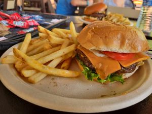 Plant based burger with vegan cheese and vegan sauce at Universal Studios - Kohola Reef Restaurant & Social Club in Orlando