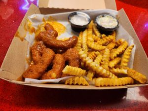 Side Heaux (vegan buffalo fried shrimp and fries) at Slutty Vegan in Dallas