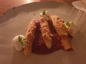 Dessert, strawberry and cream 'nudli' at TATI in Budapest