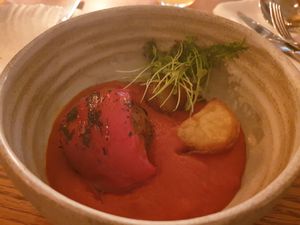 red pepper stuffed with rice and potato. Tastes like the one from my childhood, loved it. at TATI in Budapest