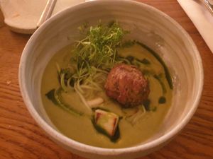 Courgette veloute with falafel and courgettes at TATI in Budapest
