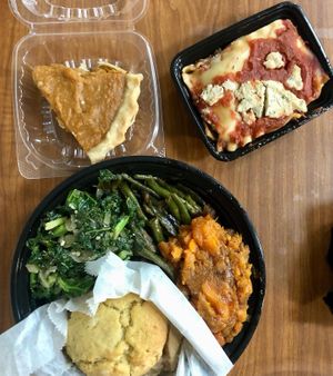 Lasagna, greens, sweet potato pie, biscuit and this turk'y that tastes like the kind from TV dinners in the best way possible   at Black Mountain Natural Foods - Maybe closed in Atlanta