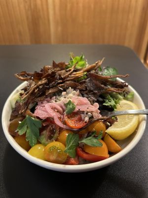 Baba ganoush bowl with oyster mushrooms   at Blazing Star  in Decorah