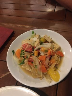 *Tofu and Ginger Stir Fry/เต้าหู้ผัดขิง 120 (*SUB tempeh for tofu*)
 at Anchan Vegetarian Restaurant in Chiang Mai