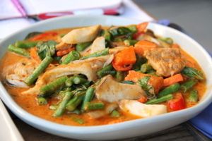 Penang curry with mushrooms and soy protein bites.  at Anchan Vegetarian Restaurant in Chiang Mai