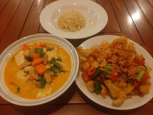 Panang curry and crispy mushrooms at Anchan Vegetarian Restaurant in Chiang Mai