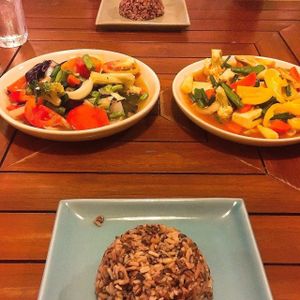 Amazing stir fry's with red rice at Anchan Vegetarian Restaurant in Chiang Mai