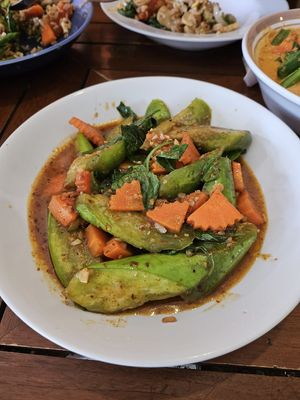 Long eggplant with Thai miso stir fry at Anchan Vegetarian Restaurant in Chiang Mai