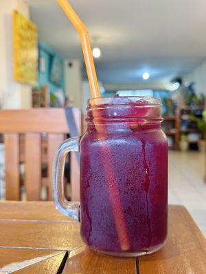 Butterfly pea flower iced tea (50 THB)  at Anchan Vegetarian Restaurant in Chiang Mai