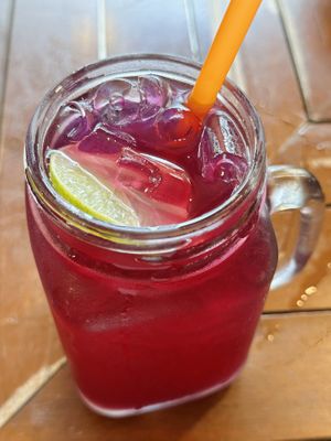 Butterfly pea flower iced tea (50 THB)  at Anchan Vegetarian Restaurant in Chiang Mai