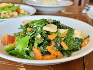 Chinese kale pepper and garlic (100 THB)  at Anchan Vegetarian Restaurant in Chiang Mai