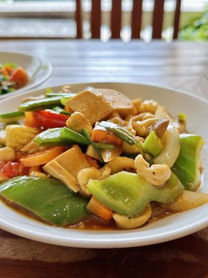 Tofu cashew nut sweet 'n' sour stir fry (140 THB)  at Anchan Vegetarian Restaurant in Chiang Mai