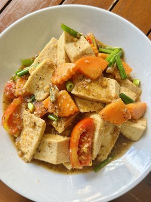 Tofu pepper and garlic stir fry (100 THB)  at Anchan Vegetarian Restaurant in Chiang Mai