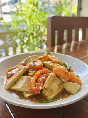 Tofu pepper and garlic stir fry (100 THB)  at Anchan Vegetarian Restaurant in Chiang Mai