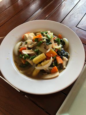 Thai basil and mushroom stir fry at Anchan Vegetarian Restaurant in Chiang Mai