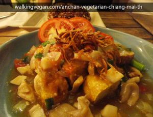 Deep fried Tofu in a Mushroom sauce at Anchan Vegetarian Restaurant in Chiang Mai