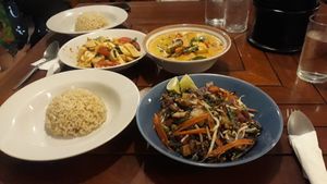 Panang curry, Spicy Tofu, Butterfly pea Pad Thai (Amazing..!) at Anchan Vegetarian Restaurant in Chiang Mai