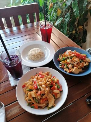 Tofu w rice / noodles + veggies at Anchan Vegetarian Restaurant in Chiang Mai