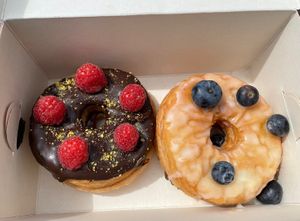 Royal donuts „raspberry pistachio“ and „blueberry sugar"  at Royal Donuts in Koblenz