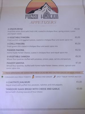 Menu, appetizers at Mažoji Himalaja in Vilnius